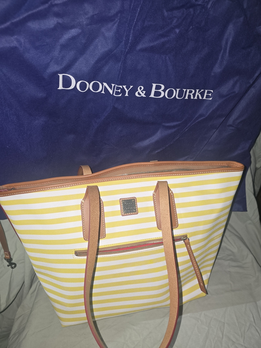 Dooney & Bourke Yellow and White Striped Tote with Tan Trim